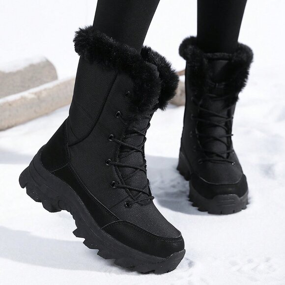 Black Outdoor Women's Thickened Warm High Tube Snow Boots - Picture 1 of 10